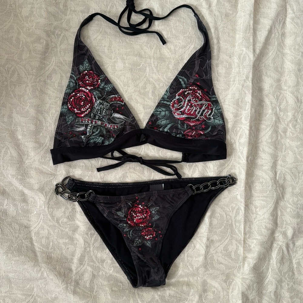 Sinful by Affliction Gothic Feme Fatale Guns & Roses Bikini, size S